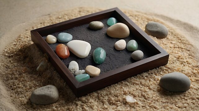 A zen garden with smooth stones in a wooden tray surrounded by sand like material for relaxation