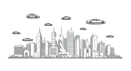 Obraz premium Future cityscape with flying cars and skyscrapers in minimalist design