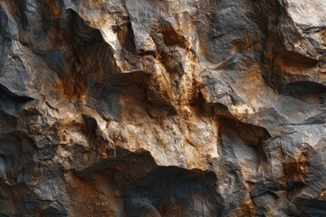 Textured rock face, dark gray and ochre hues.  Detailed surface with varied formations