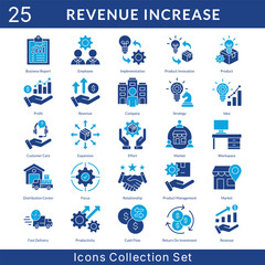 Revenue Increase icon set collection in solid glyph style. an icon pack contain employee, implementation, product innovation, product, profit, revenue, company, strategy, idea, customer care
