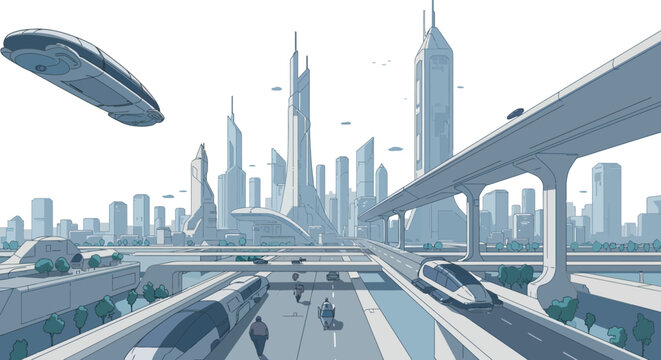 Futuristic urban landscape with high-tech skyscrapers and flying vehicles