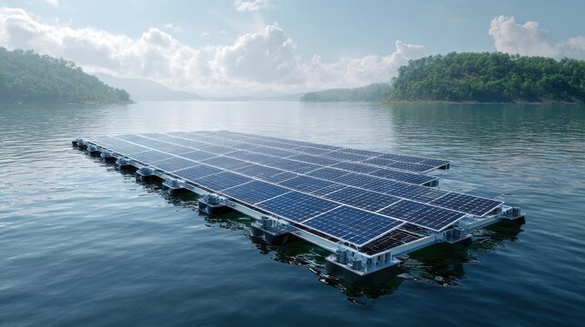 Floating solar panel grid on calm lake surface.