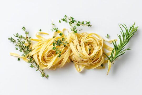 Fresh pasta noodle with rosemary and thyme on white background, uncooked fettuccine with herbs, minimal style, top view, copy space, clean and appetizing. - Powered by Adobe