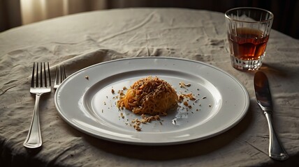 Plated dish with garnish on a table next to a glass of amber liquid and silverware in soft lighting