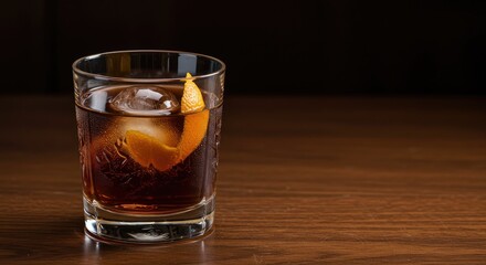 Elegant Old Fashioned Cocktail with Orange Peel and Ice Sphere on Wooden Surface