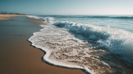Gentle waves lapping sandy shoreline under soft ambient daylight.