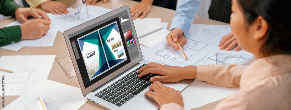 Poster graphic designer software for modern design of web page and commercial brisk ads showing on the comp