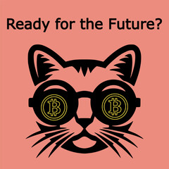 Stylish cat face wearing Bitcoin symbol glasses on a warm coral-pink background. Bold and playful crypto design representing Bitcoin as the future of digital finance and innovation.