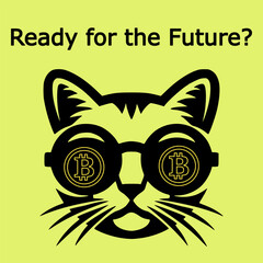 Cool cat face with Bitcoin logo glasses on a vibrant lime background. This lively crypto design highlights Bitcoin’s role as the leading force in futuristic digital currency and blockchain tech.