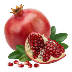  ripe pomegranate and seeds isolated on white and transparent background.