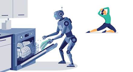 Obraz premium Futuristic robot loading dishwasher while woman practices yoga in modern home setting