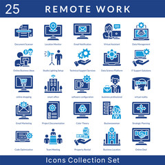 Remote Work icon set collection in solid glyph style. an icon pack contain document scanner, location monitor, email notification, virtual assistant, data management