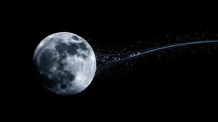 A large, textured moon emits a glowing, blue energy trail against a black backdrop