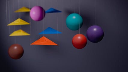 Paper airplanes and colorful spheres on dark background