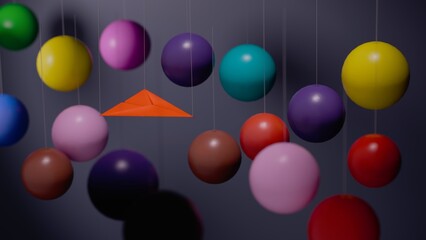Multiple colorful spheres and a red paper airplane