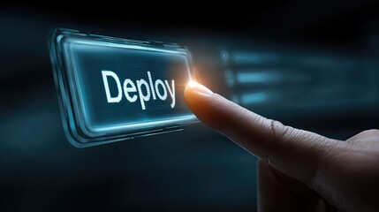 The word “Deploy” glows on a digital button as a finger activates it, representing software release.
