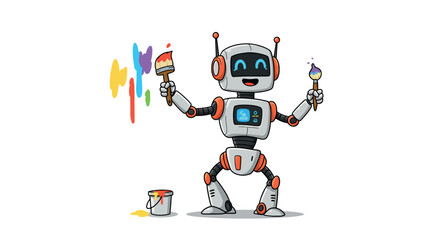 Cute robot painting with colorful brushes and splashes - fun cartoon art