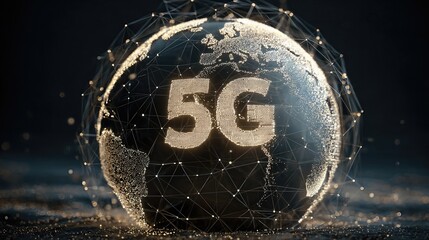 The globe is encased in a metallic mesh with bold “5G” lettering, representing advanced communication technology worldwide.
