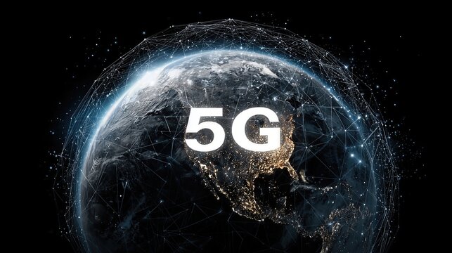 The globe is encased in a metallic mesh with bold “5G” lettering, representing advanced communication technology worldwide.
