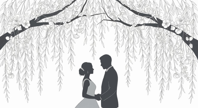Romantic silhouette of a wedding couple holding hands under a weeping tree. A vector illustration for marriage and love concepts. - Powered by Adobe