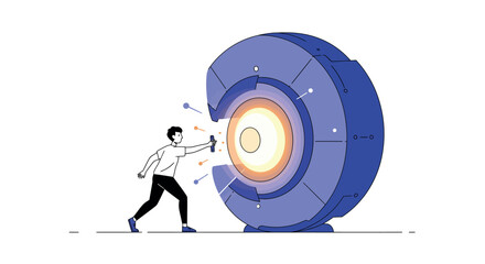 Futuristic isometric man engaging with abstract technology interface