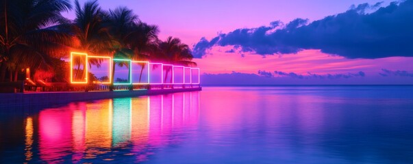 Neon lights illuminate a waterfront walkway at sunset.