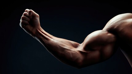 A muscular arm flexes powerfully, highlighting defined biceps against a sleek dark gradient background.
