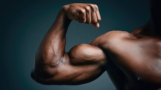 A muscular arm flexes powerfully, highlighting defined biceps against a sleek dark gradient background.
