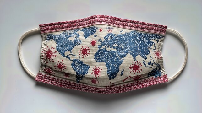 A face mask with a world map and virus icons symbolizes global health and pandemic response.