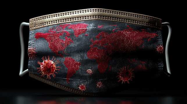 A face mask with a world map and virus icons symbolizes global health and pandemic response.