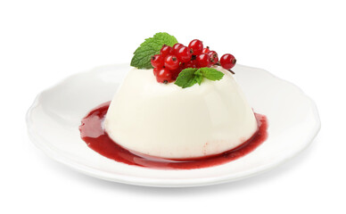 Delicious panna cotta with red currants, sauce and mint isolated on white
