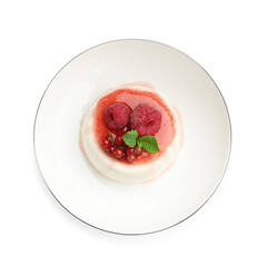Delicious panna cotta with berries, sauce and mint isolated on white, top view