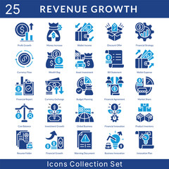 Revenue Growth icon set collection in solid glyph style. an icon pack contain currency flow, wealth bag, asset investment, bill statement, wallet expense, financial report, currency exchange