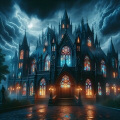 Fototapeta premium Gothic Castle at Night with Stained Glass Windows