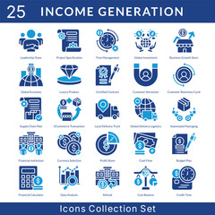 Income Generation icon set collection in solid glyph style. an icon pack contain time management, global investment, business growth store, global economy, luxury product, certified contract