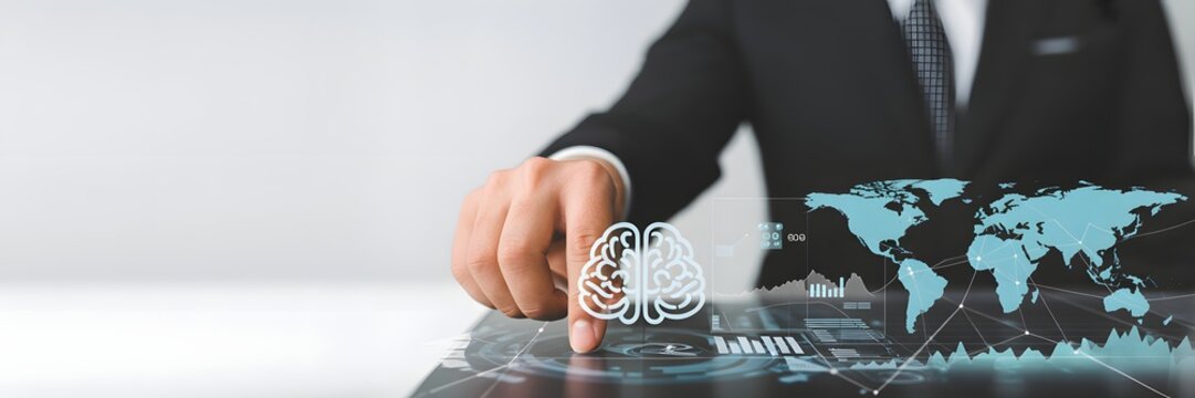 The Global Vision: A person in a suit interacts with a holographic projection of a world map and brain, exploring and innovating.  - Powered by Adobe