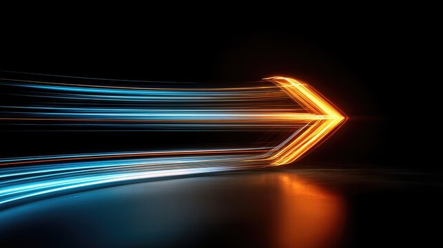 Bright arrow with dynamic blue and orange light streaks points ahead on a dark backdrop.
