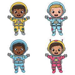 Cute Cartoon Diverse Kids Astronauts Vector Set