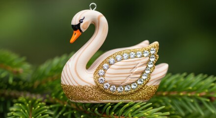 Obraz premium Elegant Swan Christmas Ornament Adorned with Glittering Jewels and Gold Dust