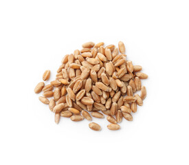 Pile of ripe wheat grains isolated on white, top view