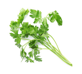 Sprigs of fresh parsley isolated on white, top view