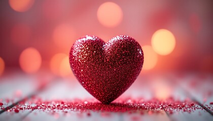 Glittering red heart shape on wooden surface sparkle
