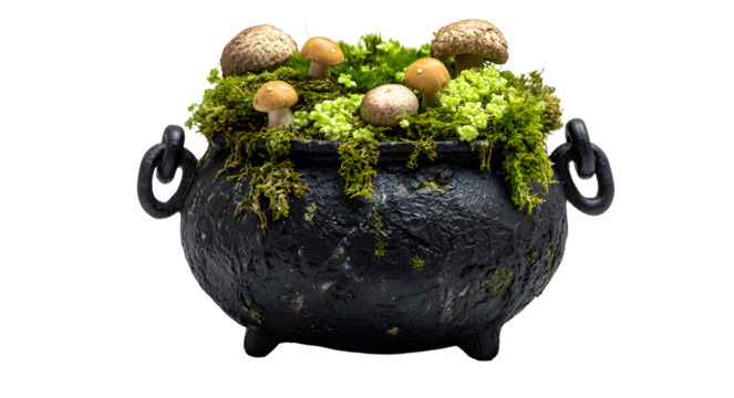 Decorative black cauldron with mushrooms and moss on a white background