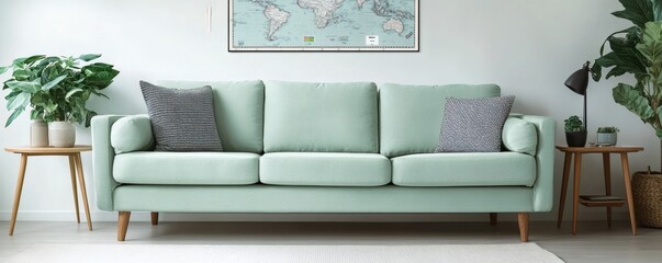 Mint green sofa in a modern living room.