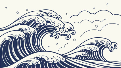 traditional japanese ocean waves with stylized clouds in blue line art illustration design.