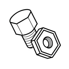 Minimalist Line Drawing of Hex Bolt and Matching Nut with Threaded Shaft