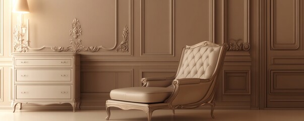 Luxurious room with antique furniture and detailed wall paneling.