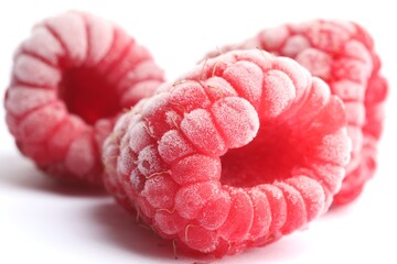 Frozen raspberries on white background, macro view