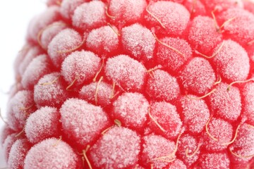 One frozen raspberry on white background, macro view