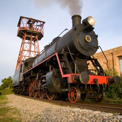 Fototapeta premium Vintage steam train with a water tower creating a captivating historical scene